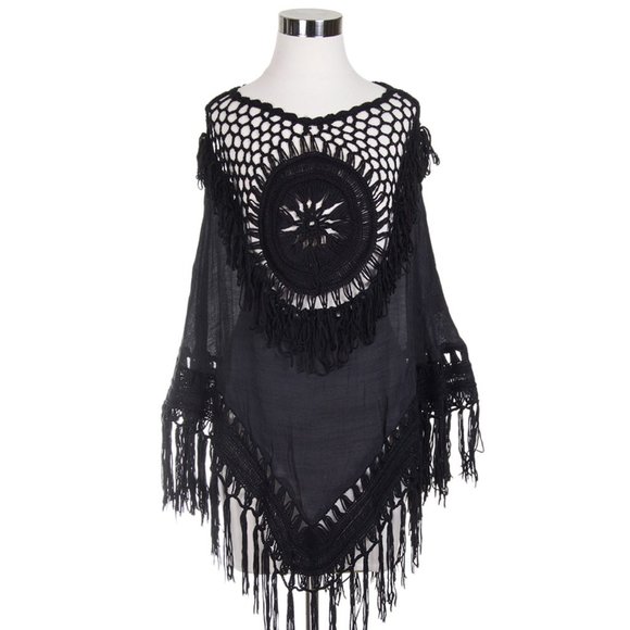 Do Everything in Love Solid Crochet Fringe Poncho - Picture 1 of 2